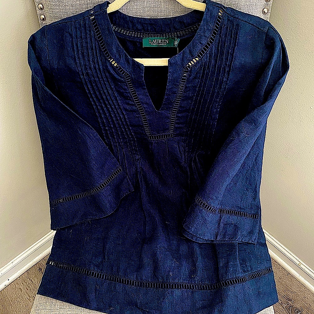 Lauren Ralph Lauren Women's Shirt Tunic Top, Split Round Neck Blouse 100% Linen